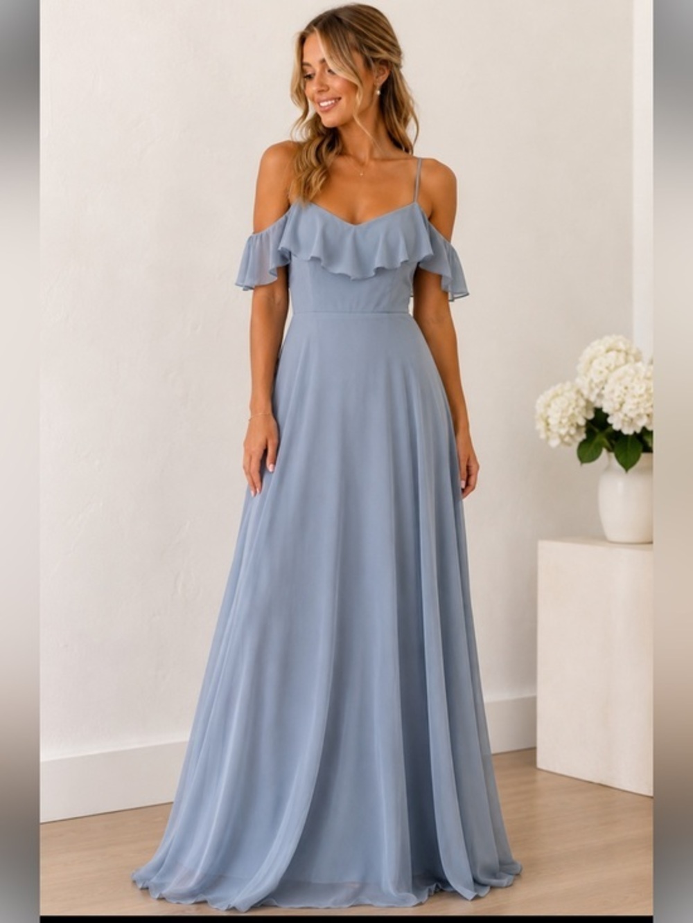 Birdy Grey Dusty Blue Chiffon Off-the-Shoulder Ruffle Bridesmaid Maxi Dress